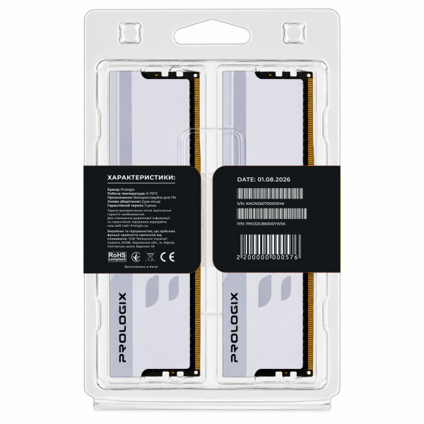 Модуль пам`ятi DDR5 2x16GB/6000 Prologix Onyx White (PRO32GB6000YW5K)