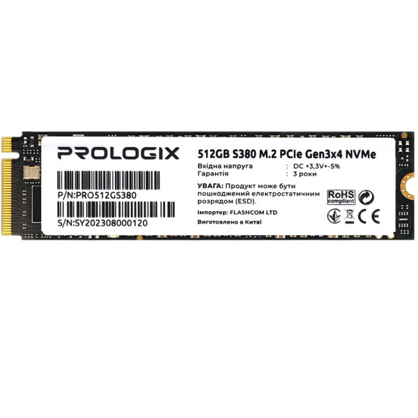 Накопичувач SSD 512GB Prologix S380 M.2 2280 PCIe 3.0 x4 NVMe 3D TLC (PRO512GS380)_Bulk