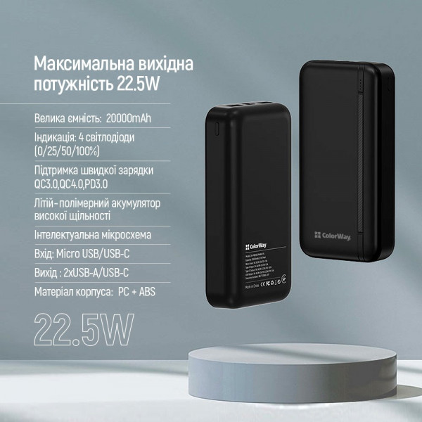 Універсальна мобільна батарея ColorWay Portable Charger 20000mAh Black (CW-PB200LPB4BK-PD)