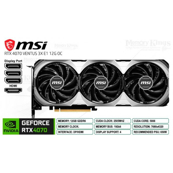 Відеокарта GF RTX 4070 12GB GDDR6X Ventus 3X E1 OC MSI (GeForce RTX 4070 VENTUS 3X E1 12G OC)