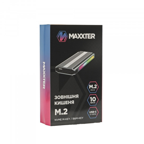 Зовнішня кишеня Maxxter M.2 NVMe PCIe, USB 3.1 Type-C Gen2, RGB, Metal, Black (EHDE-2280SRGB-01)