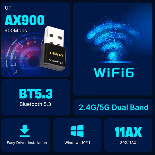 Бездротовий адаптер Fenvi FU-AX900В Wi-Fi 6, Bluetooth 5.3 Dual Band 2.4G 5G