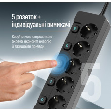 Фільтр живлення СolorWay (CW-PSEA55SBK) 5 розеток, 5м, Black