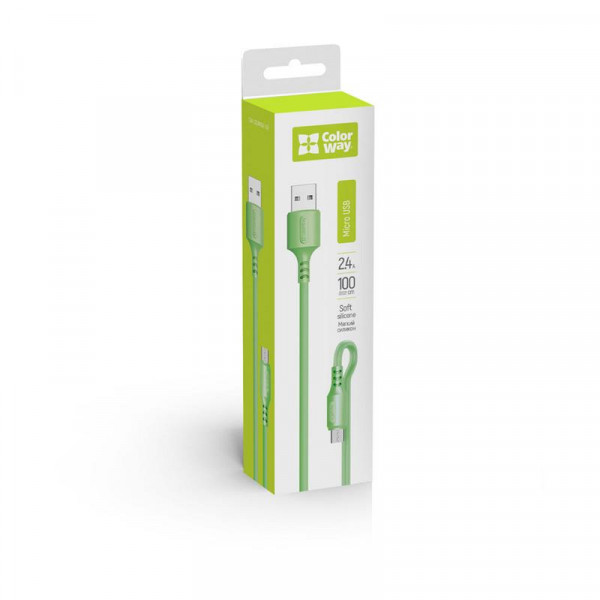 Кабель ColorWay USB - micro USB (M/M), soft silicone, 2.4 А, 1 м, Green (CW-CBUM042-GR)