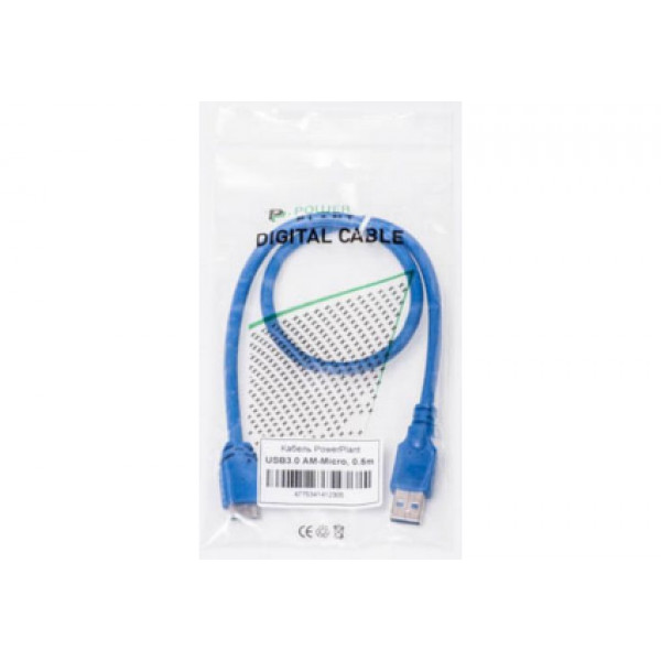 Кабель PowerPlant (KD00AS1230) USB3.0(AM)-MicroUSB3.0(BM), 0.5м, Blue