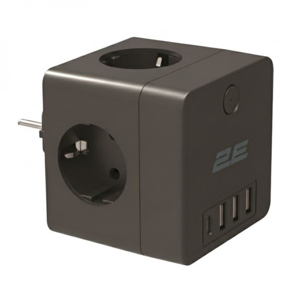 Мережевий адаптер 2E 4xТип F, 16A, 3xUSB-A, 1x USB-C, чорний (2E-AD431BK)