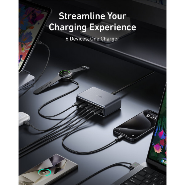 Мережевий зарядний пристрій Anker PowerPort GaNPrime 200W 4xUSB Type-C, 2xUSB Type-A Black (A2683341)