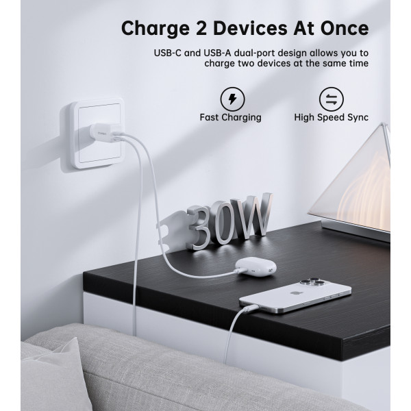 Мережевий зарядний пристрій Choetech (USB-C+USB-A) White (PD5012-EU-WH)