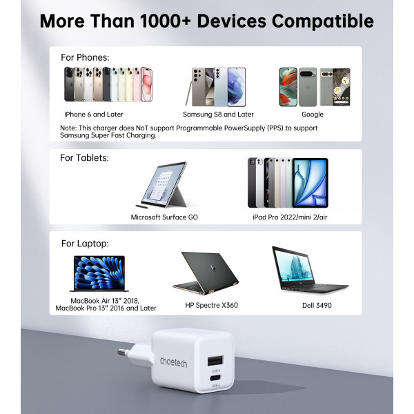 Мережевий зарядний пристрій Choetech (USB-C+USB-A) White (PD5012-EU-WH)