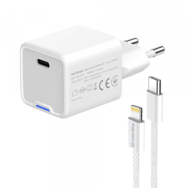 Мережевий зарядний пристрій ColorWay GaN Mini 20W PD Port PPS USB-C White (CW-CHS059PD-WT) + кабель Lightning