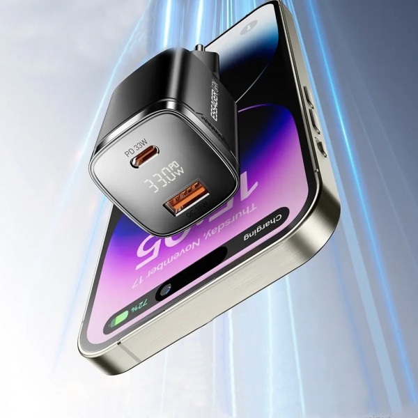 Мережевий зарядний пристрій Essager Gamet 33W GaN Digital Display A+C Black (ECT33W-GMB01-Z)