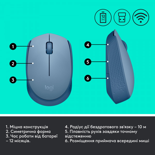 Миша бездротова Logitech M171 Blue/Gray (910-006866)