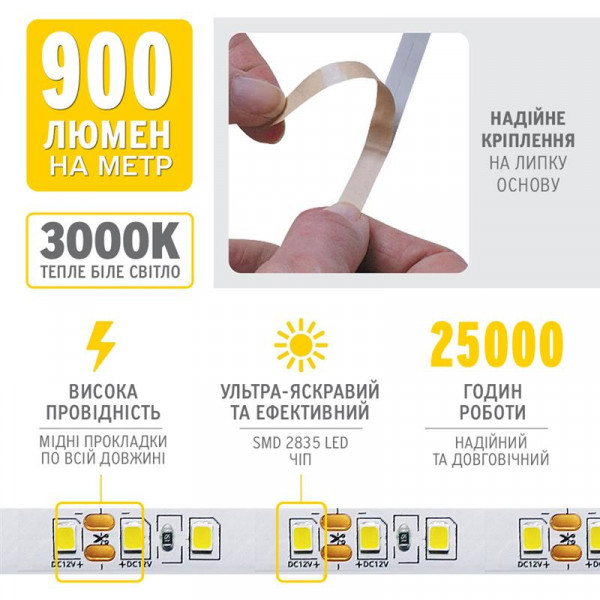 Світлодіодна стрічка ELM 2835 120LED IP20 3000K 10м (19-0009-10)