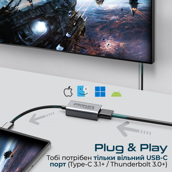 Адаптер Promate USB Type-C - HDMI (M/F) Grey (medialink-h1.grey)
