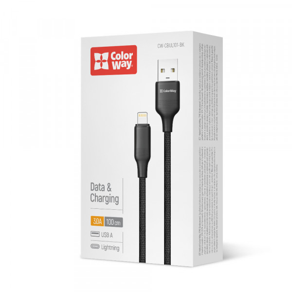 Кабель ColorWay USB - Lightning (M/M), TPE embossed, 3А, 1 м, Black (CW-CBUL101-BK)