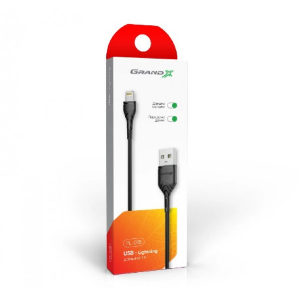 Кабель Grand-X USB - Lightning (M/M), Cu, 2.1 A, 1 м, Black (PL01B)