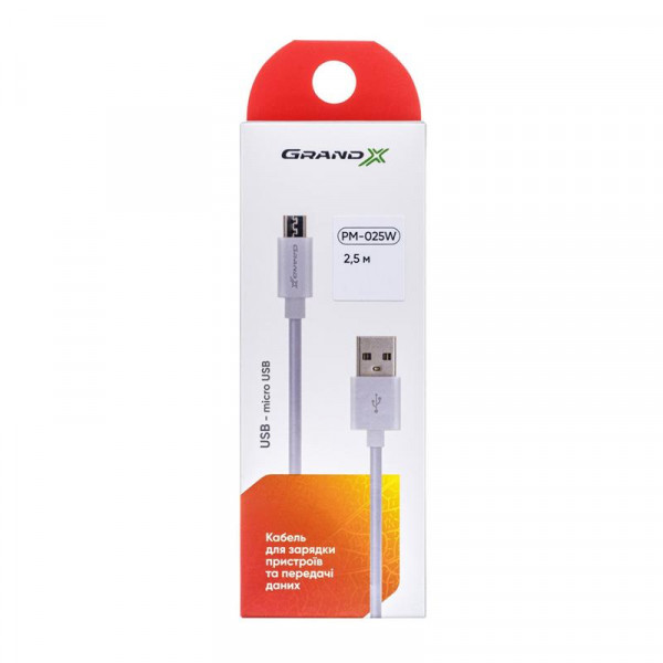 Кабель Grand-X USB - micro USB (M/M), Cu, 2.5 м, White (PM025W)