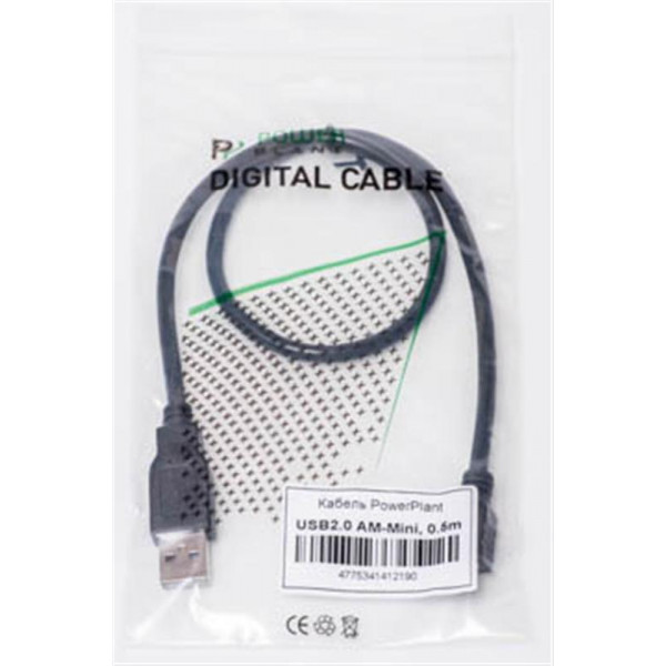 Кабель PowerPlant (KD00AS1219) USB2.0(AM)-MiniUSB(AM), 0.5м, Black