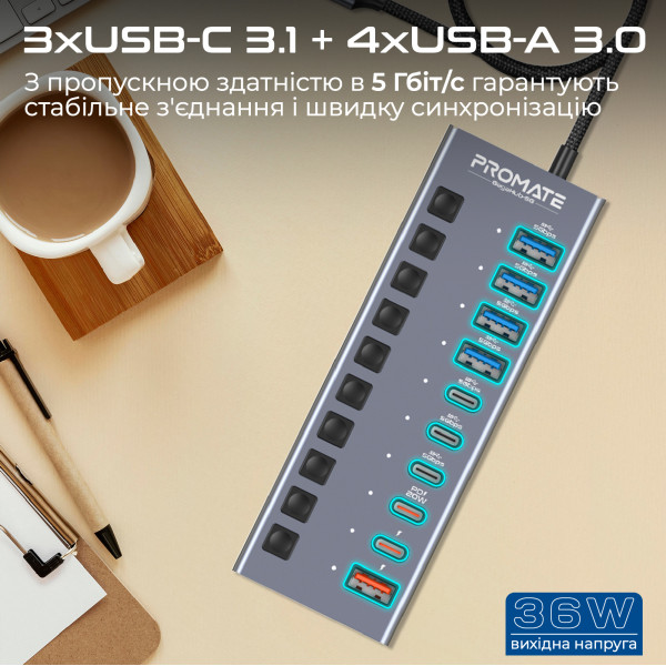 Концентратор USB Type-C Promate Gegahub-5G 10 in 1 Grey (gegahub-5g)