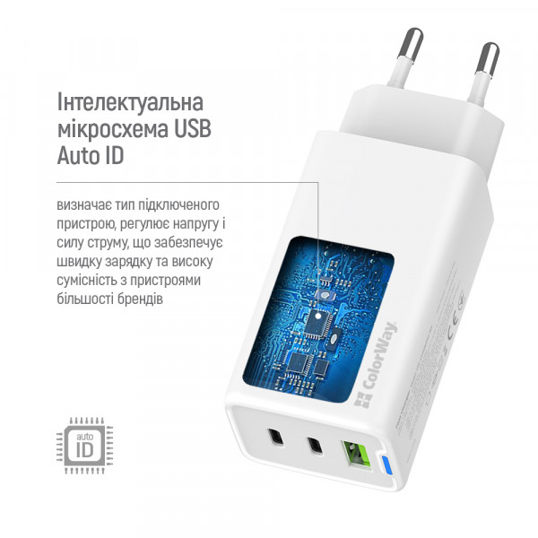 Мережевий зарядний пристрій ColorWay GaN Mini 65W PD Port PPS USB (USB-2C1A) White (CW-CHS058PD-WT)