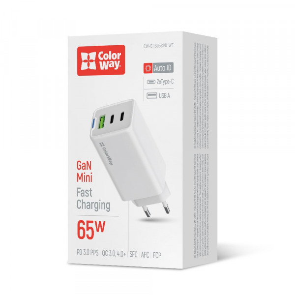 Мережевий зарядний пристрій ColorWay GaN Mini 65W PD Port PPS USB (USB-2C1A) White (CW-CHS058PD-WT)