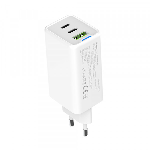 Мережевий зарядний пристрій ColorWay GaN Mini 65W PD Port PPS USB (USB-2C1A) White (CW-CHS058PD-WT)