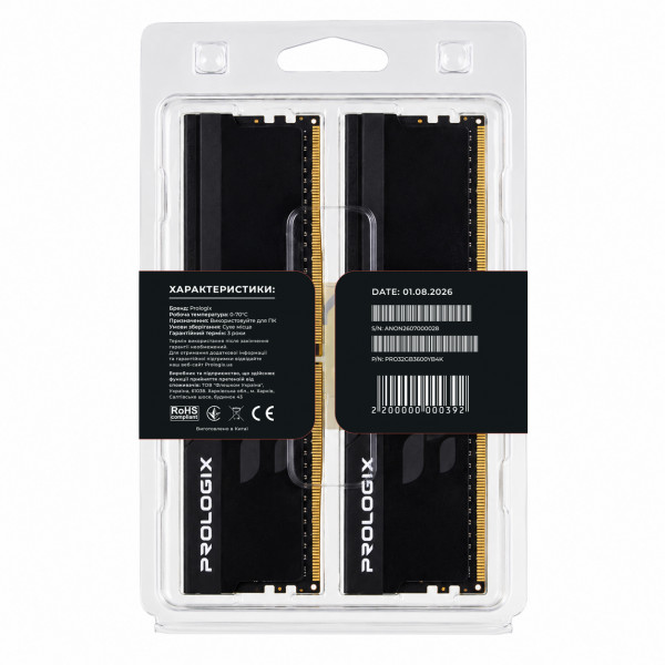 Модуль пам`ятi DDR4 2x16GB/3600 Prologix Onyx Black (PRO32GB3600YB4K)