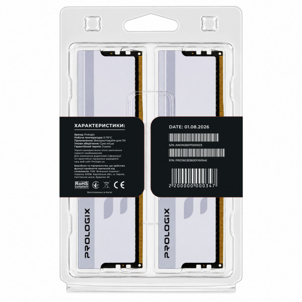 Модуль пам`ятi DDR4 2x8GB/3600 Prologix Onyx White RGB (PRO16GB3600YWR4K)