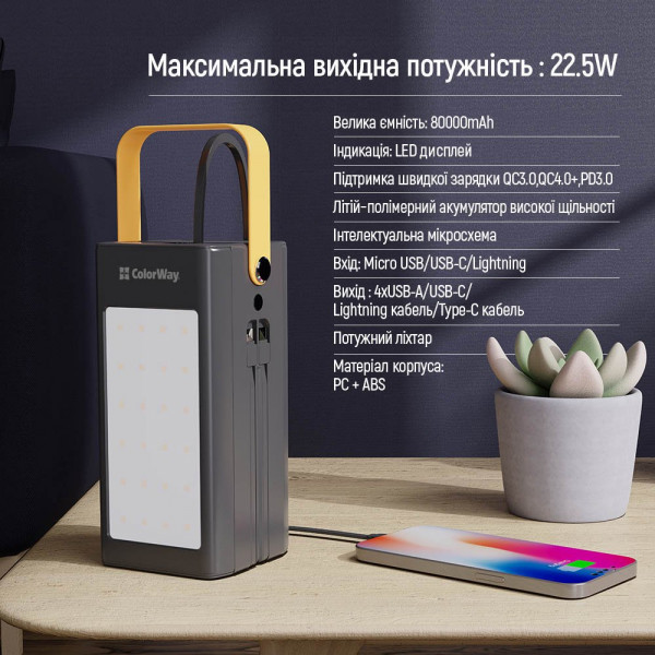 Універсальна мобільна батарея ColorWay LCD/Lamp 80000mAh Black (CW-PB800LPA8BK-PDD)