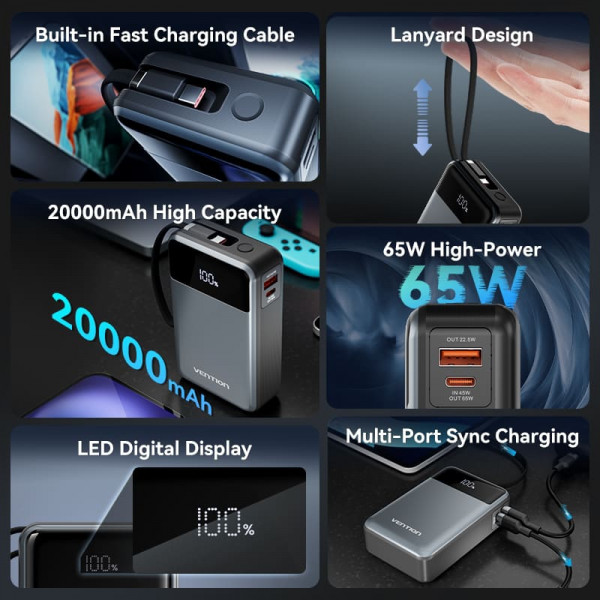Універсальна мобільна батарея Vention 20000mAh PD, QC 3.0 Black (FHYB0)