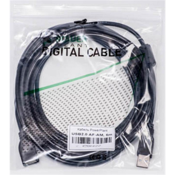 Кабель PowerPlant (KD00AS1212) USB2.0(AF)-USB2.0(AM), 5м, One ferrite, Black