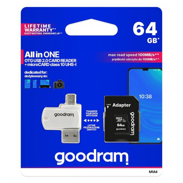 Карта пам`ятi MicroSDXC 64GB UHS-I Class 10 Goodram + SD-adapter + OTG Card reader (M1A4-0640R12)