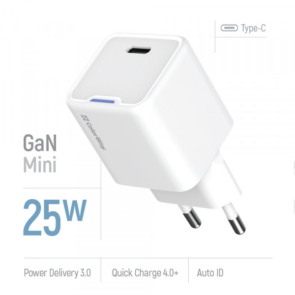 Мережевий зарядний пристрій ColorWay GaN Mini 25W PD Port PPS USB-C White (CW-CHS052PD-WT)