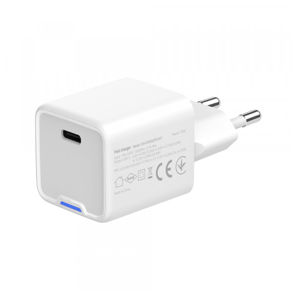 Мережевий зарядний пристрій ColorWay GaN Mini 25W PD Port PPS USB-C White (CW-CHS052PD-WT)