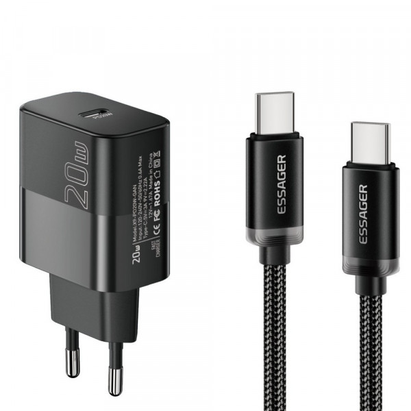 Мережевий зарядний пристрій Essager Travel Charger 20W USB-C Black (E20JSB1-SYTT1-T) + кабель USB Type-C