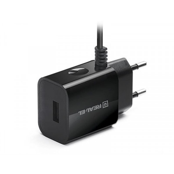Мережевий зарядний пристрій REAL-EL CH-217 (2USB, 2.1A) Black + кабель Lightning
