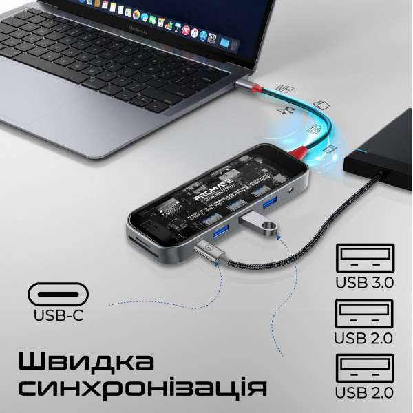 USB-хаб Promate TransHub-Pro USB Type-C Grey