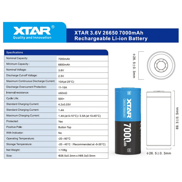 Акумулятор XTAR 26650P 7000 mAh 1 шт.