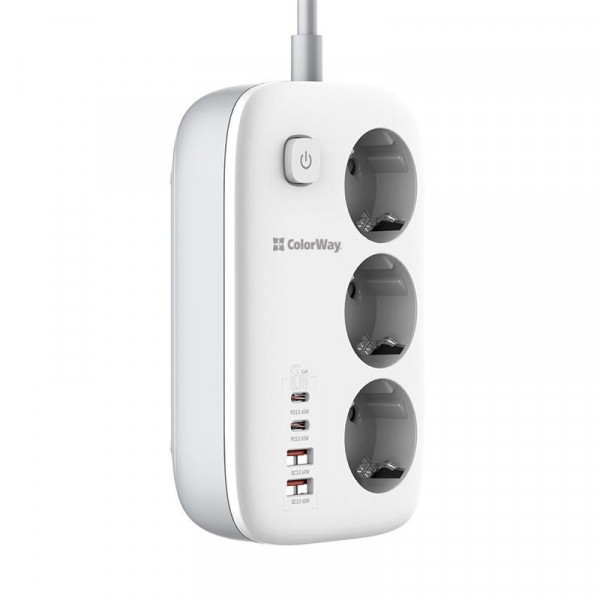 Фільтр живлення ColorWay CW-CHE34PDW GaN3 Pro PD 65W (2USB-A + 2 TYPE-C) 3 розетки, 4 USB, 2 м, білий