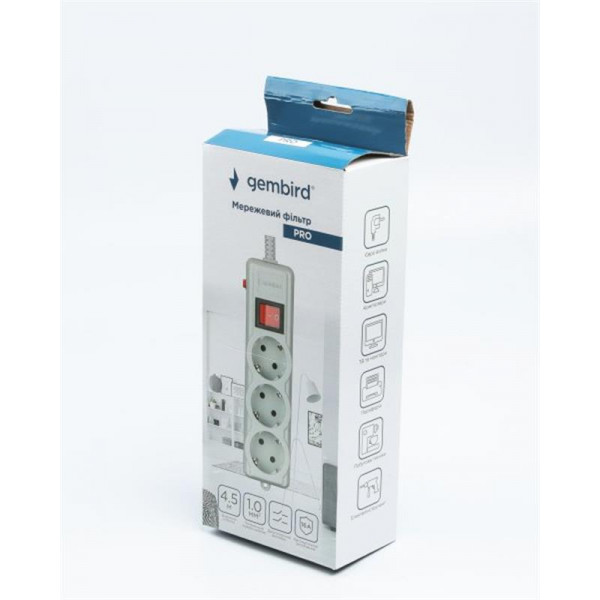 Фільтр живлення Gembird Pro (SPG3-G-15G-PRO) 3 розетки, 4.5м, сірий