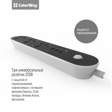 Фільтр живлення СolorWay (CW-CHU33B) 3 розетки, 3xUSB, 1.8м, Black