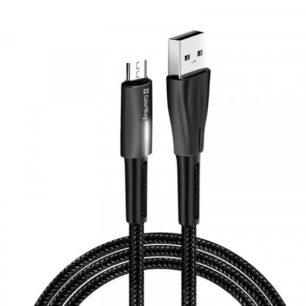 Кабель ColorWay USB - micro USB (M/M), Zinc Alloy + Led, 2.4 А, 1 м, Black (CW-CBUM035-BK)