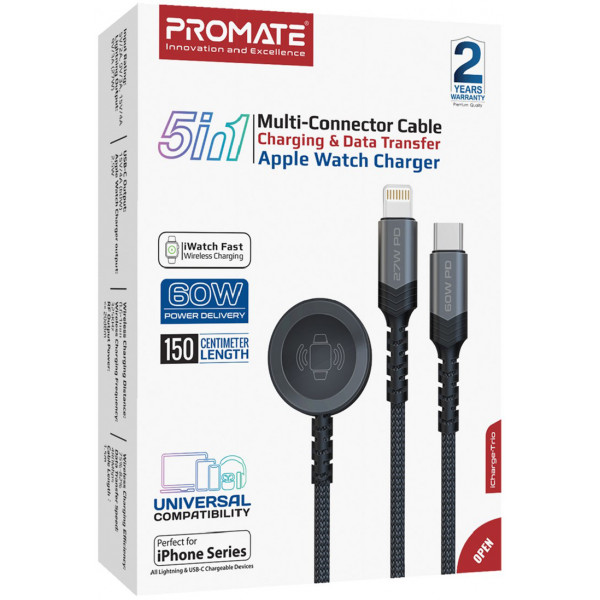 Кабель Promate USB Type-C - USB Type-C (M/M) Lightning 27W 60W Apple MagSafe 1 2.5W, 4A, 1.5 м, Black (icharge-trio.black)