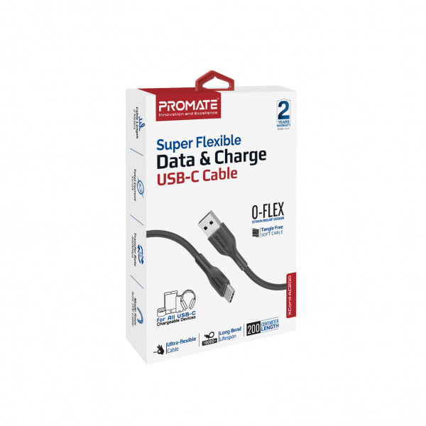 Кабель Promate xCord-AC200 USB - USB Type-C (M/M), 2 м, Black (xcord-ac200.black)