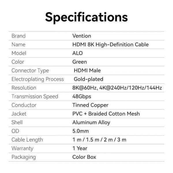 Кабель Vention HDMI - HDMI V 2.1 (M/M), 3 м, Green (ALOGI)