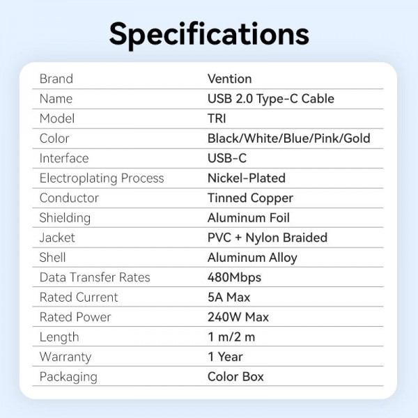 Кабель Vention USB Type-C - USB Type-C (M/M), 240W, 5A, 2 м, Black (TRIBH)