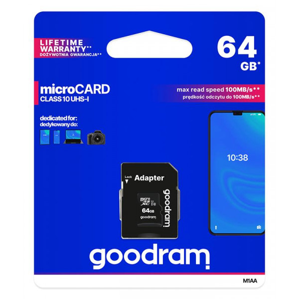 Карта пам`ятi MicroSDXC 64GB UHS-I Class 10 Goodram + SD-adapter (M1AA-0640R12)