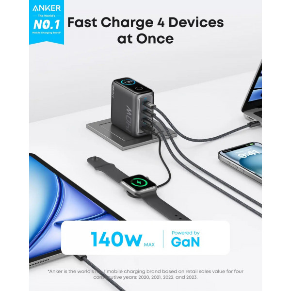 Мережевий зарядний пристрій Anker Laptop GaN Charger Black, 140W 3xUSB-C 1xUSB-A Display (B2697GZ1) + кабель USB Type-C