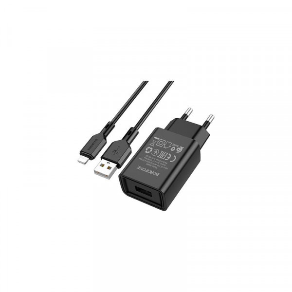 Мережевий зарядний пристрій Borofone BA68A (1USB, 2.1А) Black (BA68ALB) + кабель Lightning