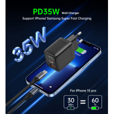 Мережевий зарядний пристрій Choetech (USB-C+USB-A) Black (PD6052-EU-BK)